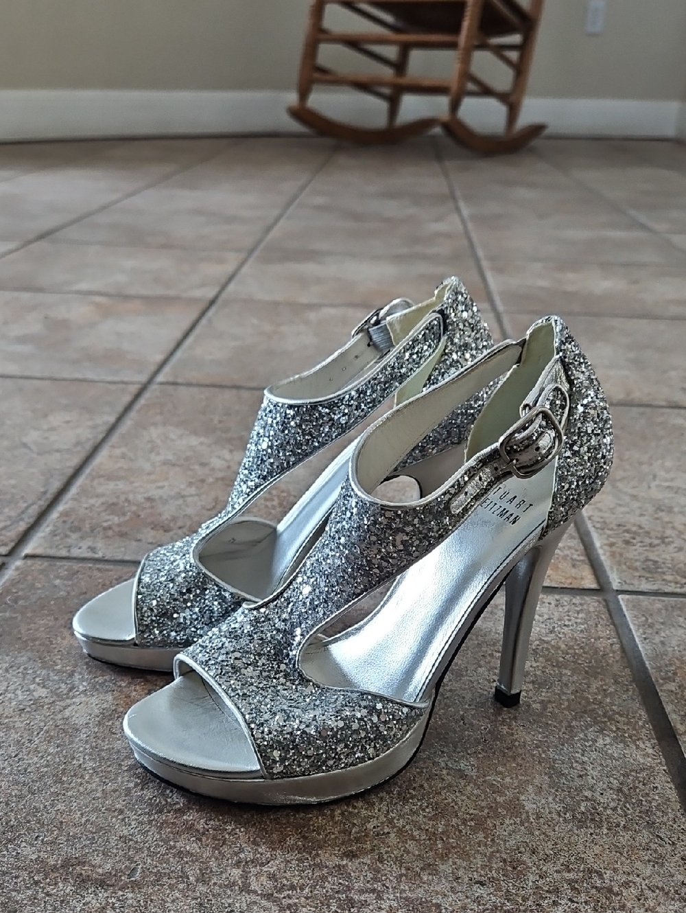 Stuart Weitzman Silver Glitter Peep-Toe High Heels